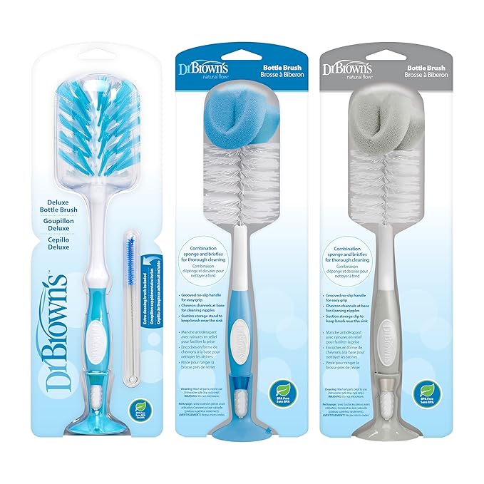 Dr. Brown's Reusable Sponge Baby Bottle Cleaning Brush, Blue and Gray + Deluxe Bottle Brush, BPA-Free, Blue, 3-Pack
