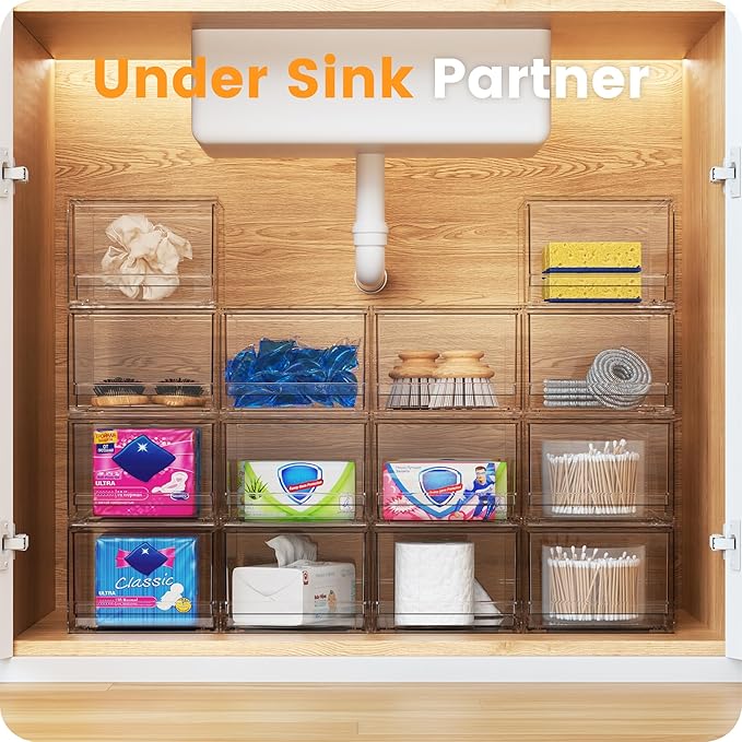 A-LuGei 【𝟰𝗣𝗖𝗦】 Acrylic Stackable Storage Drawers, 7.5" L Makeup Organizer, Bathroom Organizer and Storage, Plastic Storage Bins for Kitchen Cabinet Pantry Medicine Fridge