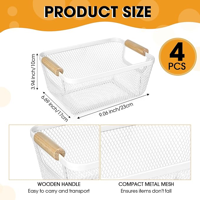4 Pcs Metal Wire Basket with Wooden Handles Mesh Steel Storage Organizer Bin Containers for Home Organizing Cabinet Pantry Closet Kitchen Fridge Fruit Makeup Snacks Gifts(Small,Cream White)