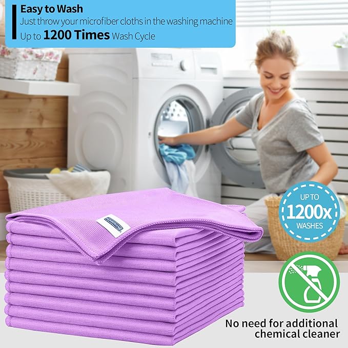HOMERHYME Microfiber Cleaning Cloth - 10 Pack Glasses Cleaning Cloth, 16" x 14" Window Cleaning Rags, Streak Free Lint Free Polishing Cloths Wipes for Eye Glass, Stainless Steel, Windshield, Purple