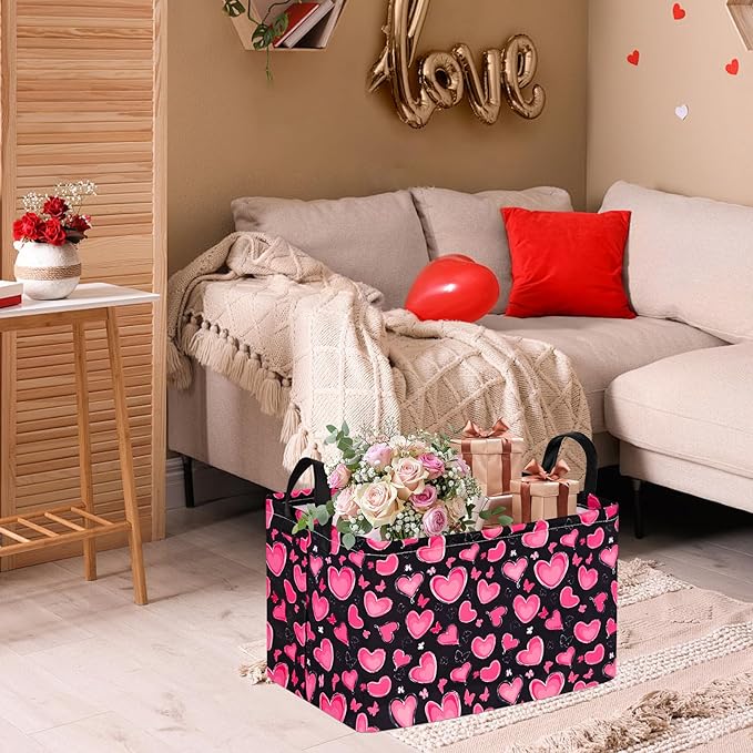 Empty Gift Basket for Girls Heart Print Storage Cube for Women, Closet Shelf Waterproof Organizer Bins with Handles Nursery hamper Kids Toys Books Box Room Deco