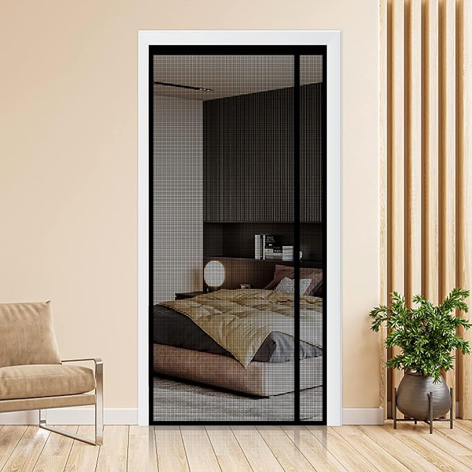 Reversible Left or Right Side Opening Magnetic Screen Door, Narrow Durable Fiberglass Mesh Curtain Hands Free for Patio, Bedroom, Fits Door Size 38" x 82", Black