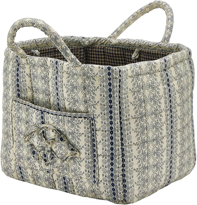 Quilted Fabric Storage Basket with Handles & Pocket, Foldable Laundry Hamper Boho Floral Print Organizer Bin for Home, Picnic, Office 12"x10"x10" (B-4)