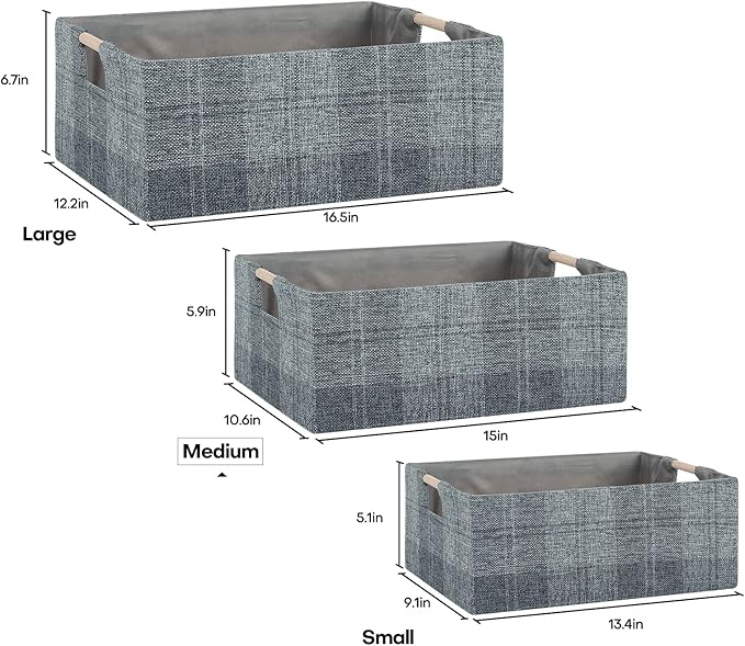Fabric Storage Bin Box Collapsible Cotton Linen Storage Cube with Wooden Handles Rectangular Decorative Home Organizer Clothes Blanket Basket– Dark Gray Plaid, Medium