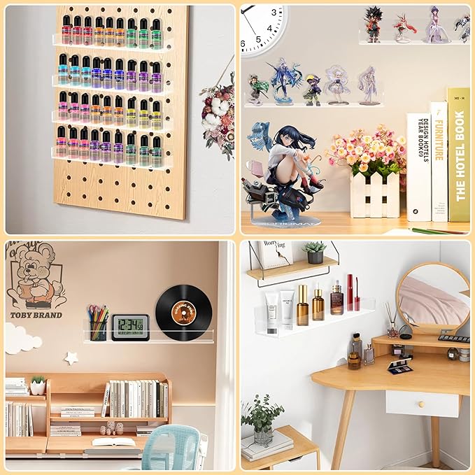 Clear Acrylic Floating Shelves Wall Mounted 15 Inch Invisible Kids Bookshelf Figurine Display Shelf Spice Rack for Office Bathroom Kitchen (4 Pack)