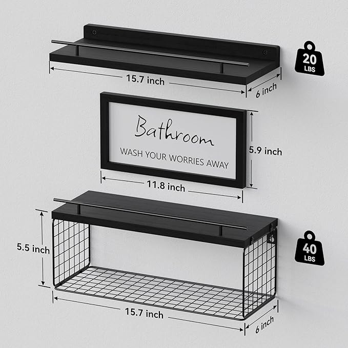 WOPITUES Floating Shelves for Wall Decor Sign, Bathroom Organizers and Storage, Bathroom Shelves Over Toilet with Metal Guardrail-Black