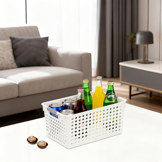 Soddeph 4 Pack Plastic Deep Storage Basket with Handles, Cubbies Organizer Bins with Hollow Design for Under Counter, Closet, Kitchen or Bathroom 12.3" × 8.7" × 6.9"(White, Medium)