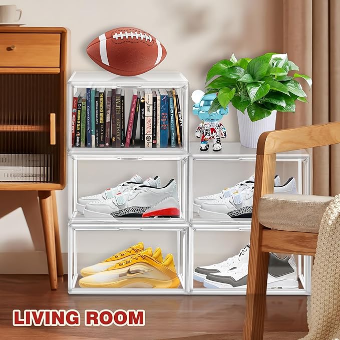 12 Pack Clear Shoe Organizer for Closet, Large Stackable Sneaker Boxes Shoe Display Box Handbag Organizer Plastic Storage Bins with Magnetic lids