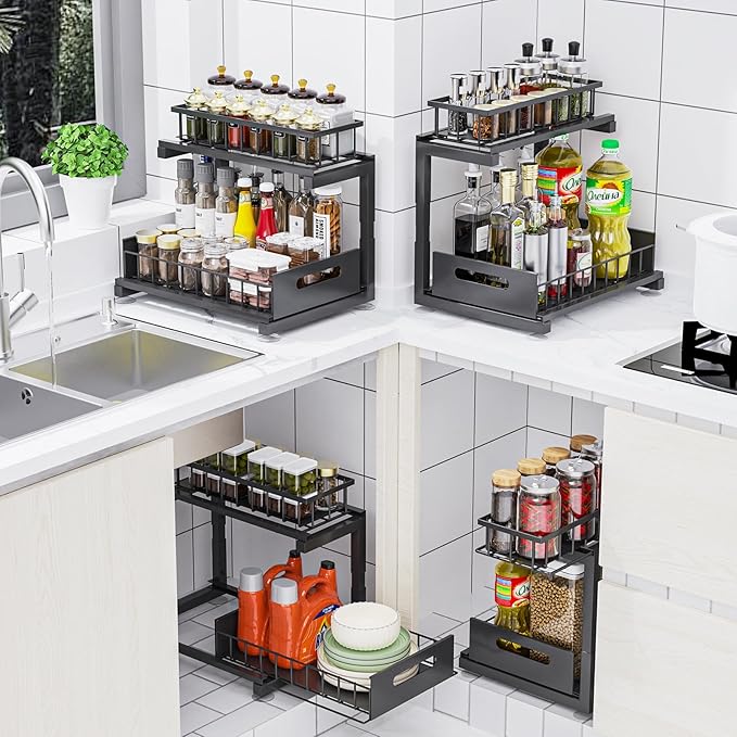 Under Sink Organizer, Heavy Duty Metal Pull Out Cabinet Organizer Slide Out Sink Shelf Organizer Height Adjustable, Multi-Purpose Storage Shelf for Kitchen Bathroom(Black,1Pack)