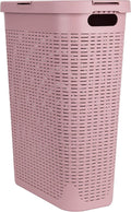 Mind Reader Slim Laundry Hamper with Lid, 40L Clothes Basket, Premium Wicker Design, Plastic, Pink