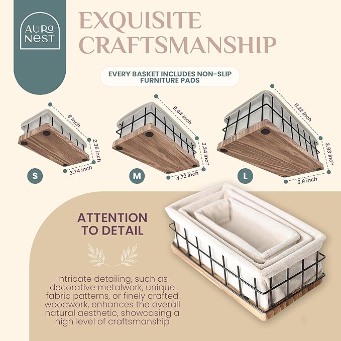 Set of 3 Decorative Basket Organizers, Sturdy Rustic & Farmhouse Decor Metal Wooden Baskets for Organizing, Wire with Liner, Perfect as Home, Kitchen or Bathroom Organizer