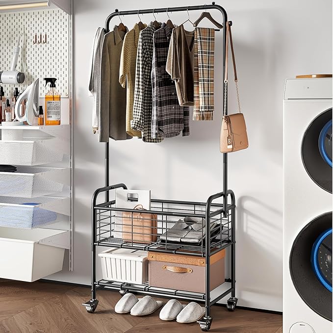 SUOERNUO Laundry Cart with Hanging Rack Rolling Laundry Hamper Sorter with Wheels Shelf,Black