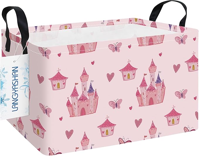 LANGYASHAN Rectangular Storage Bin Collapse Canvas Fabric Cartoon Storage Basket with Handles for Organizing Home Kitchen Boys and Girls Toys Office Closet Shelf Baskets (Rec Pink Castle)