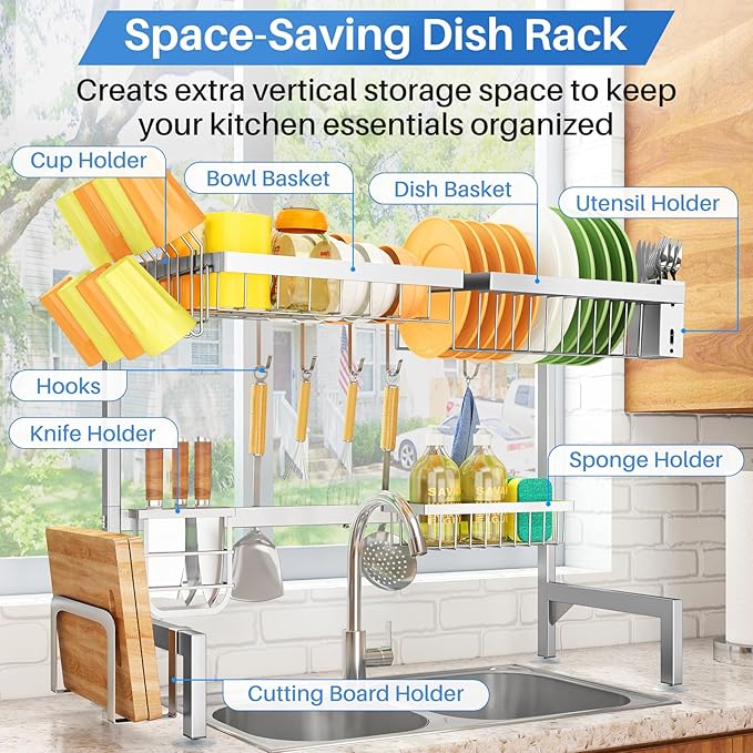 Over The Sink Dish Drying Rack - Adjustable Dish Rack for Kitchen Counter,Metal (Silver)
