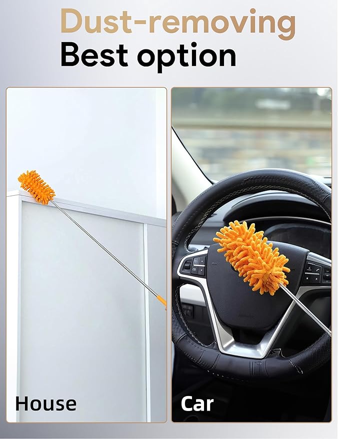 Microfiber Duster for Cleaning, Tukuos Hand Washable Dusters with 2pcs Replaceable Microfiber Head, Extendable Pole, Detachable Cleaning Supplies for Office, Car, Window, Furniture, Ceiling Fan