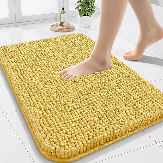 Arotive Bathroom Rugs 24x16, Extra Soft Absorbent Shaggy Chenille Bath Rugs, Machine Washable Rubber Backing Non-Slip Bath Mats for Bathroom Floor Tub and Shower, Home Decor Accessories, Yellow