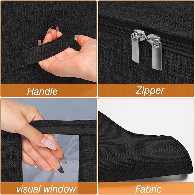 punemi 2 Pack Clothes Storage, Sturdy Blanket Storage Bags with Side Bottom Support, Storage Containers for Organizing Bedroom Closet Clothing Comforter, Organization and Storage W/Lids Handle,Black