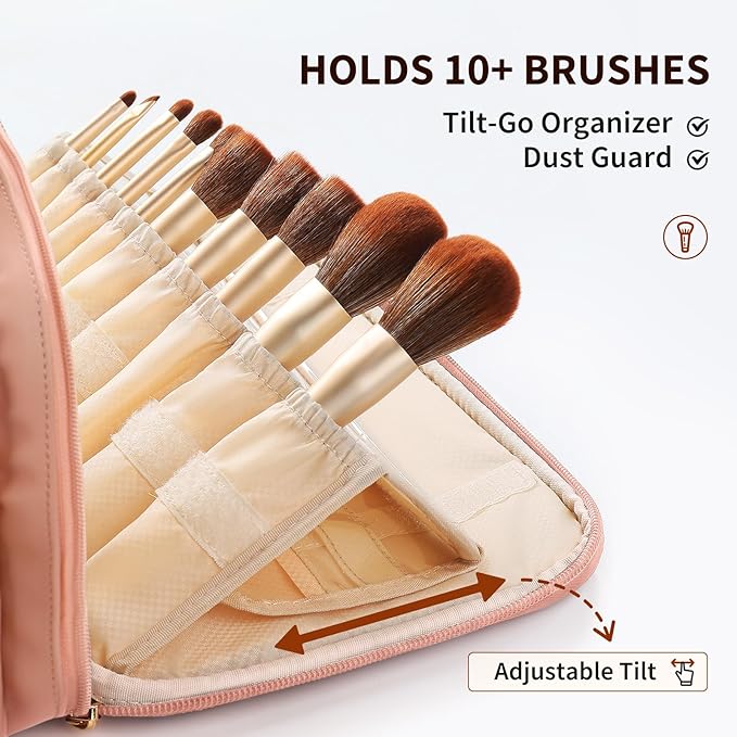 Large Travel Makeup Bag for Women with Luggage Sleeve and Reinforced Dual Handles, Featuring 10 Independent Elastic Brush Slots and 25 Pockets, Large Capacity Waterproof Cosmetic & Toiletry Organizer