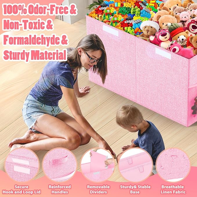 Large Toy Storage Box with Lid Divider, Sturdy Collapsible Toys Organizer Chest Kids Storage Bins Boxes Baskets for Boys, Girls, Nursery, Bedroom, Living Room, Playroom, 25"x13"x16", Pink