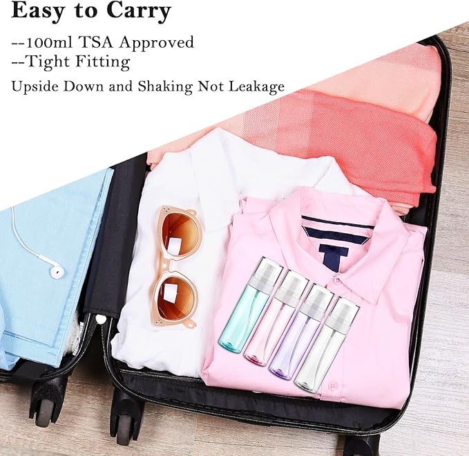 Fine Mist Spray Bottle Plastic Spray Bottles 3.4oz/100ml 4Pack Makeup Setting Spray Bottle TSA Approved Empty Cosmetic Refillable Travel Bottle Containers Sprayer for Water,Perfume（Mixed-Color）
