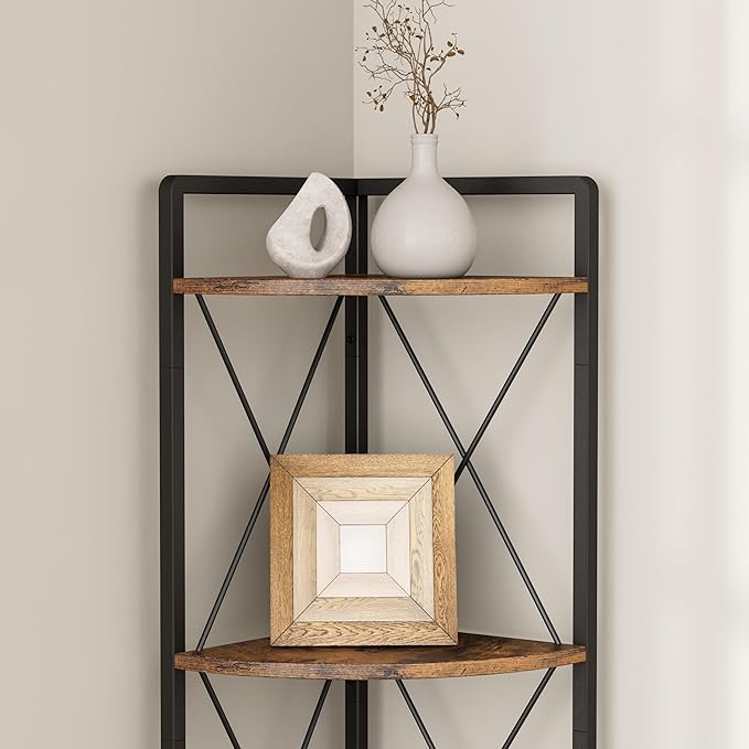 5 Tier Corner Shelf Stand, 64" H Tall Industrial Corner Bookshelf for Living Room Decor, Metal Corner Shelf, Plant Stand Display Shelf for Bedroom, Bathroom, Small Space, Rustic Brown