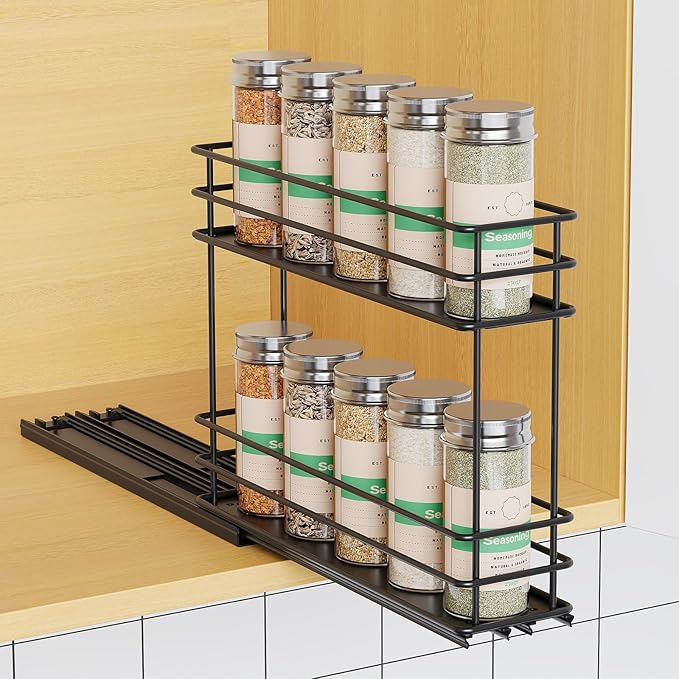 Pull Out Spice Rack Organizer for Cabinet, Slide Out Spice Racks, Easy to Install Spice Cabinet Organizer, 2.5" Wx10.43 Dx8.26 H, 1 Drawer 2 Tiers（Black）