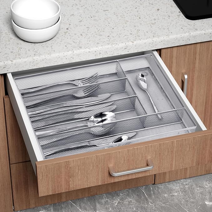 Neudeco Silverware Drawer Organizer Holder, Cutlery Tray Silverware Flatware Storage Divider for Kitchen, Bedroom, Living Room,Mesh Wire with Non-slip foam Feet, 5 Compoment（ Silver）