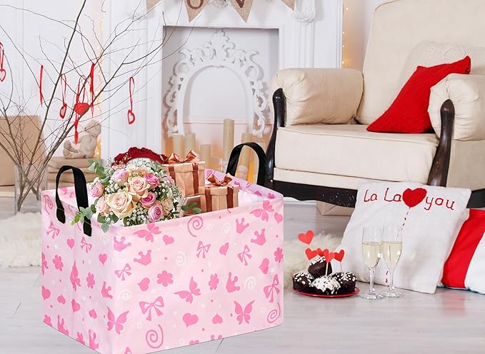 Empty Gift Basket for Girls Heart Print Storage Cube for Women, Closet Shelf Waterproof Organizer Bins with Handles Nursery hamper Kids Toys Books Box Room Deco