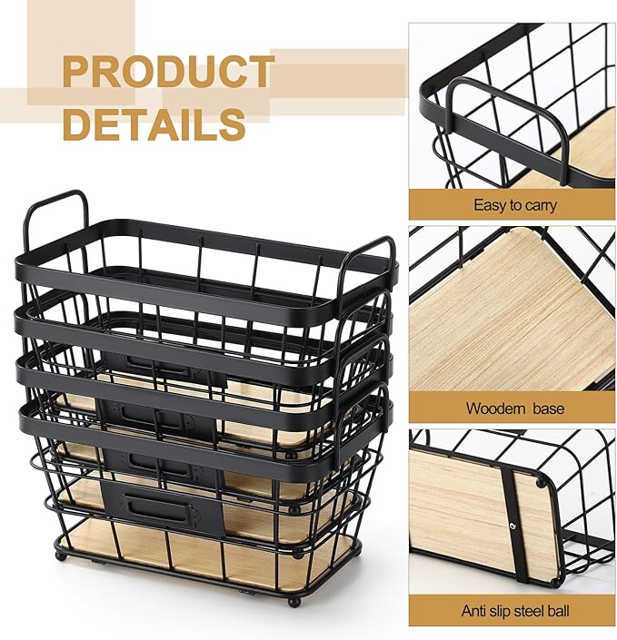 4 Pcs Black Metal Wire Pantry Storage Baskets with Wood Bottoms Small Wire Basket 8.8 x 5 x 5 Inch Farmhouse Decoration Metal Pantry Storage Organizing Caddy Bin Baskets for Bathroom Kitchen
