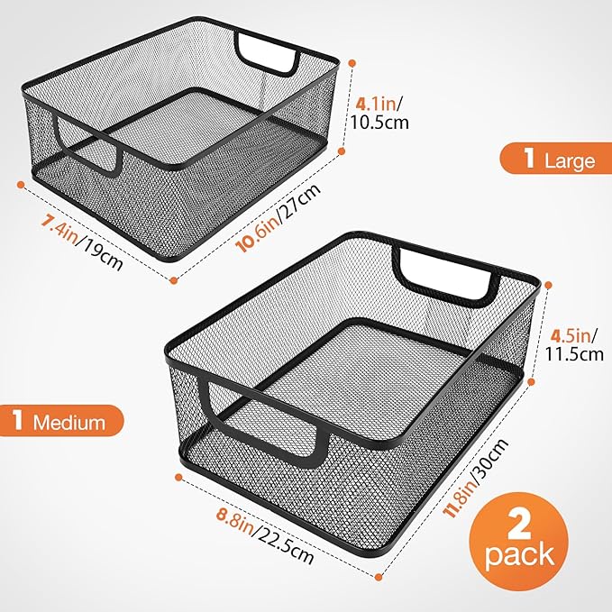 2 Pack EsOffcce Metal Mesh Steel Basket, 2 Size Household Food Sundry Storage Basket, Office Desktop Organizer Basket, Versatile Baskets with Handle for Kitchen Pantry Bathroom Home, Rectangle-Black