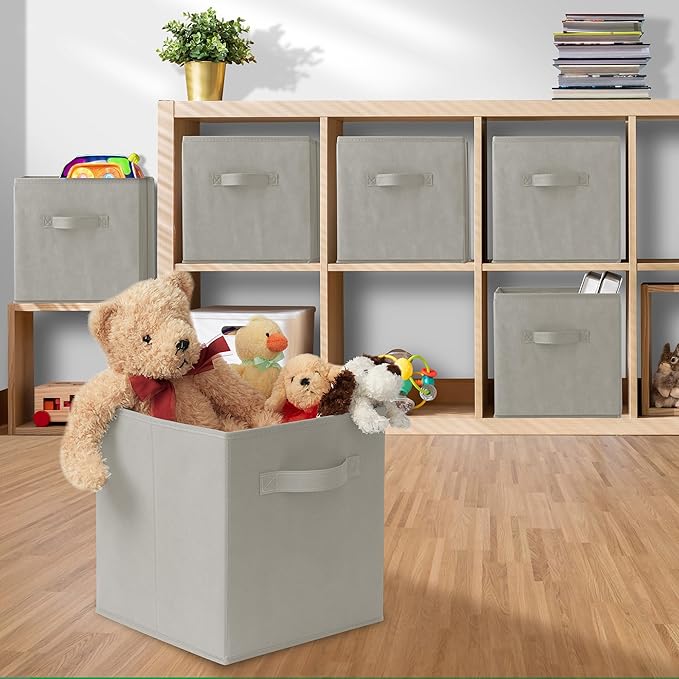 Casafield Set of 6 Collapsible Fabric Cube Storage Bins, Light Gray - 11" Foldable Cloth Baskets for Shelves, Cubby Organizers & More