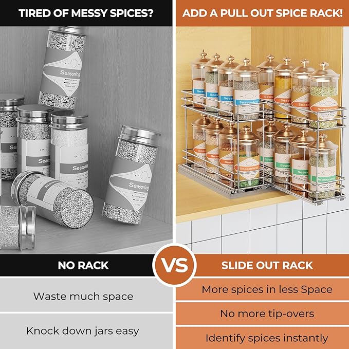 Pull Out Spice Rack Organizer for Cabinet, Slide Out Spice Racks, Easy to Install, 7.08" Wx10.43 Dx8.26 H, 2 Drawers 2 Tiers(Silver)