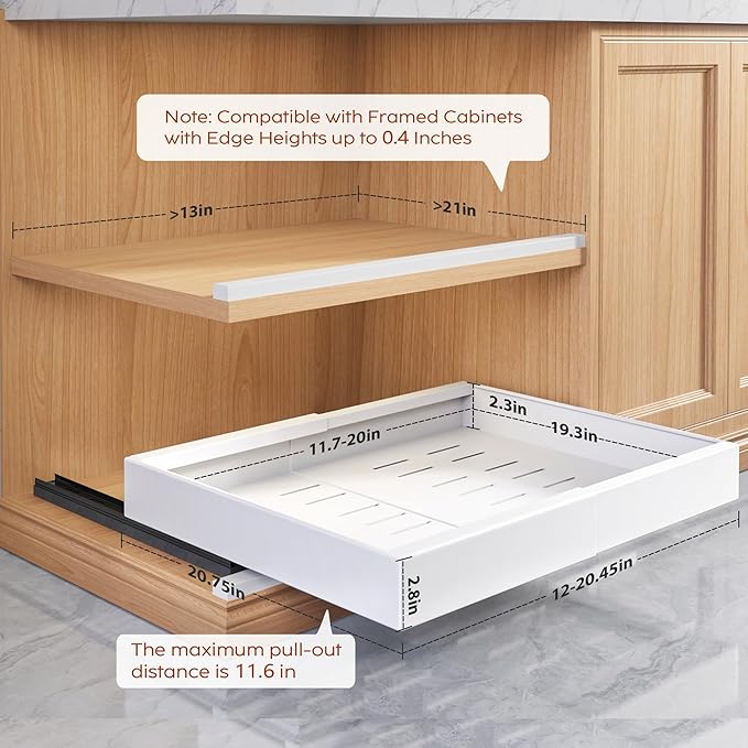 2 Pack Pull Out Cabinet Organizers 21"Deep with Raising Pad for Framed Cabinets,Expandable Slide Out Drawers Upgrade 3 Slide Rails,Roll Out Shelves Adhesive,Adjustable Width 12"-20.45" White