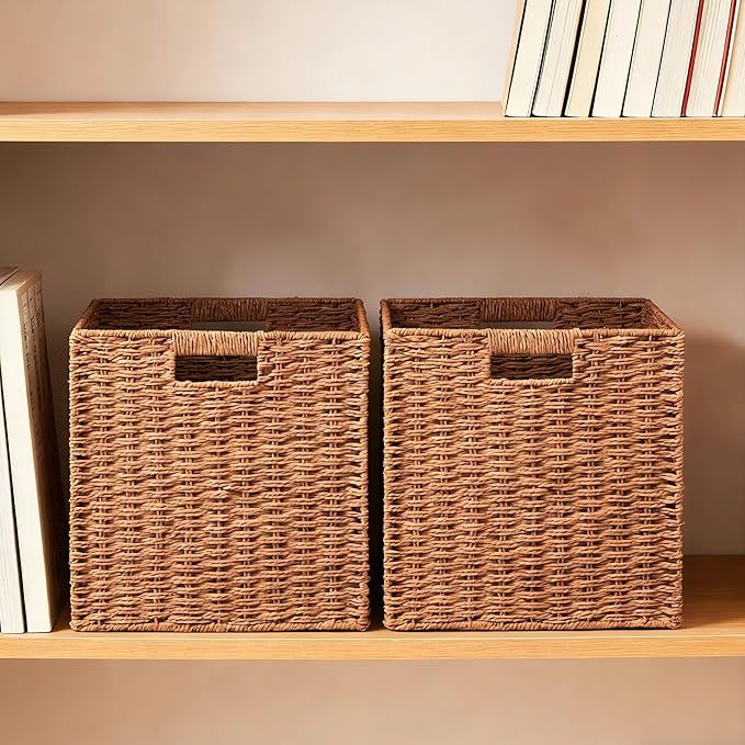 UBBCARE 4 Pack Wicker Basket, 11L×11H×10.5W inch Woven Paper Rope Storage Baskets for shelves, Foldable Cube Storage bin with Handle, Storage Basket for Organizing & Decor, Caramel