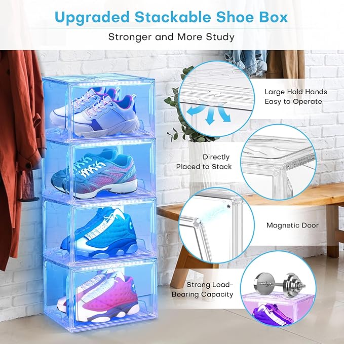 Shoe Storage Organizer for Closet, Foldable Shoe Boxes Rack 2 pack, Clear Plastic Stackable Containers Bins Holder, Magnetic Sneaker Shelf for Sneakerheads with LED Lights Clear