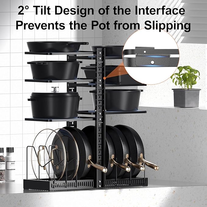 LAMU Pots and Pans Organizer under Cabinet, Expandable to 24" H Pan Organizers inside Cabinet for Kitchen Storage, 6 Adjustable Tiers and 6 Pot Lid Organizer Racks, Holds 12 Cast Iron Cookware Black