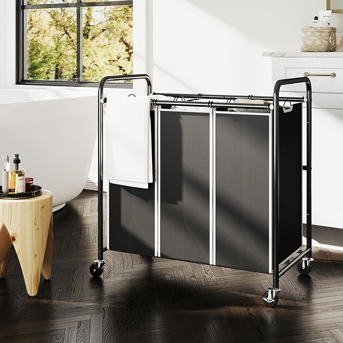 ROMOON Laundry Sorter Hamper 3 Section, Divided Laundry Basket Organizer with Heavy Duty Lockable Wheels and Removable Bags, Rolling Clothes Hamper for Apartment, Dorm & Family (130L Modern Black)