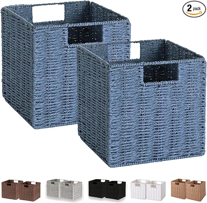 Vagusicc Wicker Storage Basket, Set of 2 Hand-Woven Storage Baskets for Shelves with Handles, Foldable Cube Storage Bins Organizer, Blue 13x13 Inch Large Wicker Baskets for Pantry Bedroom Decor, Blue
