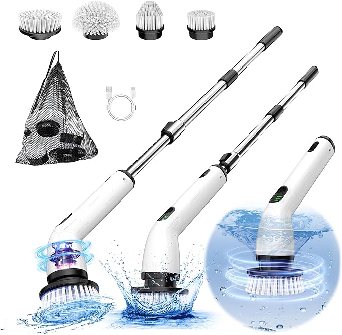 Keimi Electric Spin Scrubber, Full-Body IPX7 Waterproof Cordless Shower Scrubber with 4 Replaceable Heads, Upgraded Extension Handle, 2H Work Time, 2 Speeds for Bathroom Shower Tile Glass