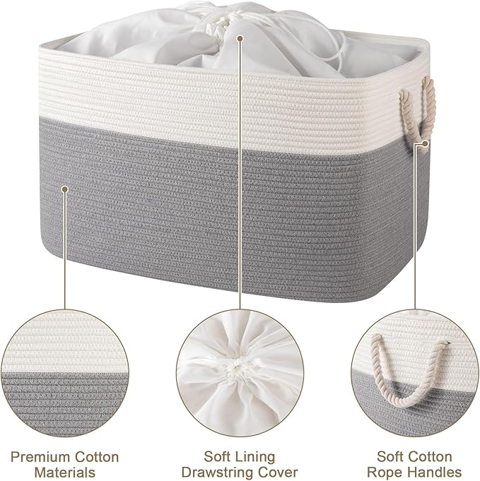 95L Extra Large Blanket Basket with Lid, 24" x 16.9" x 14.2" Woven Storage Basket for Living Room, Rectangle Nursery Blanket Storage for Toys, Towels, Dirty Clothes, Grey & White