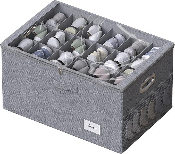 Shoe Organizer for Closet, Shoe Box Storage Containers Fit 18 Pairs Foldable Shoe Storage Bins with Clear Cover & Adjustable Dividers for Shoes Blankets Linen Clothing (Grey, (24.4*16.5*12.9)x1)