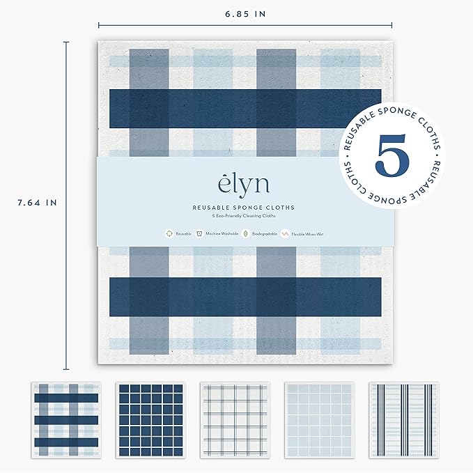 ELYN Swedish Dishcloths, Reusable & Washable Sponge Cloths, Absorbent Cleaning Paper Towels for Kitchen, Dishes, Counters and More, 5 Pack, Assorted Stripe & Plaid