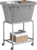 ELYKEN Laundry Cart with Wheels, Rolling Laundry Hamper with Removable Bag and Shelf, Metal Frame Laundry Basket with 4 Casters and 2 Brakes, Ideal for Bedroom, Bathroom, Laundry Room, Gray