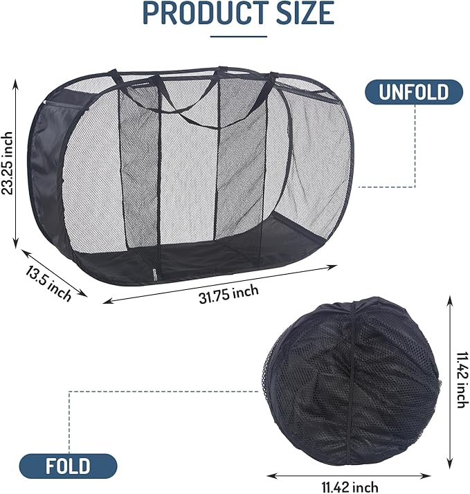 Seiritex Mesh Popup Laundry Hamper 3 Compartment Sortable Horizontal Collapsible Laundry Basket for Clothes Laundry Room Bedroom Toys Travel (Black)