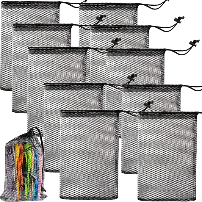 GXXMEI 10PCS 8X12inch Nylon Mesh Drawstring Bags with Cord Lock Closure Delicates Laundry Bag For Washing Machine Small Gym Bag for Basketball, Volleyball, Football, Golf Stuff Balls