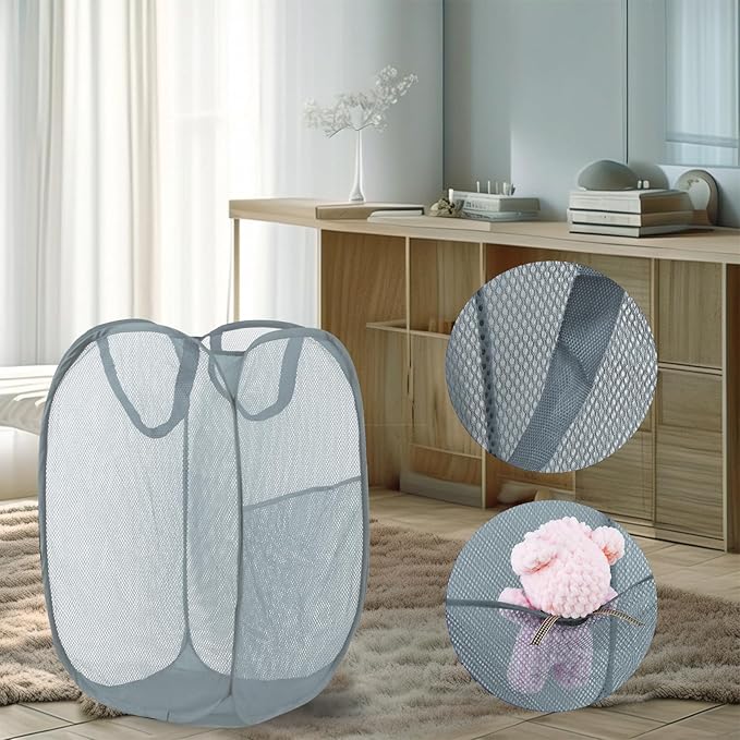 LXLOVESM Pop Up Laundry Hamper, Mesh Laundry Basket Collapsible, Foldable Hamper for Travel and Storage (Grey)