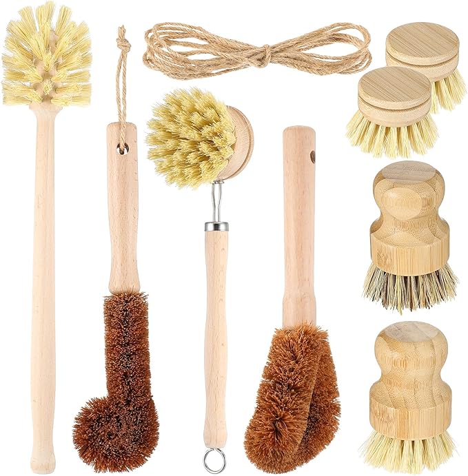9pcs Bamboo Dish Brush Set Wooden Dish Brush with 14’’ Bottle Brush Natural Kitchen Scrub Brush Dish Scrubber for Kitchen Cleaning Dishes Pans Bottles Sink Vegetables Household