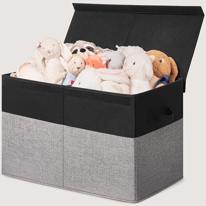 INDRESSME 25"x13"x16" Large Storage Box, Storage Organizer Collapsible Bins with Lids, Playroom, Living Room, Storage Baskets (Black & Grey)