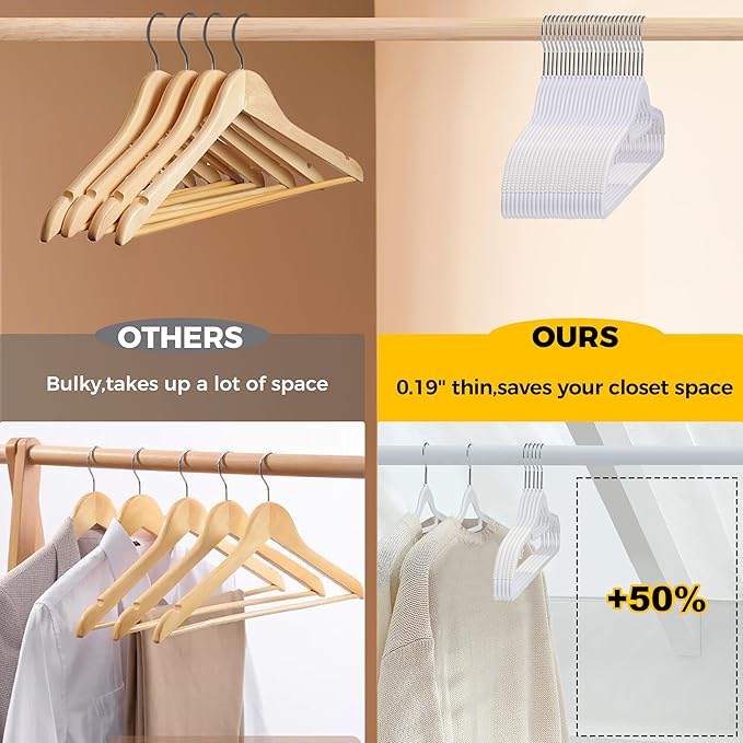 Quality Clothes Hangers 50 Pack - Non-Velvet Plastic Hangers for Clothes - Heavy Duty Coat Hanger Set - Space-Saving Closet Hangers with White Swivel Hooks - Functional Non-Flocked
