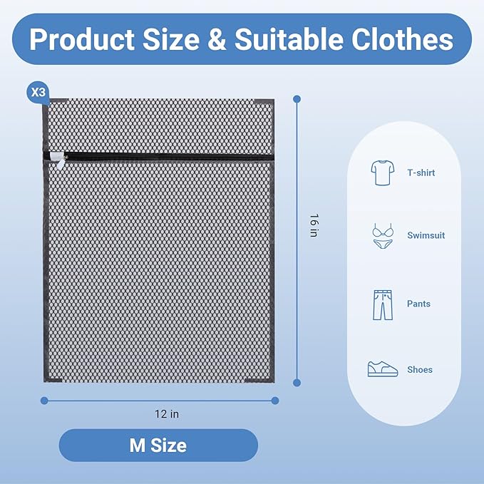 3Pcs 12 x 16 Inches Laundry Bags for Delicates, Durable Honeycomb Mesh Laundry Bags, Sturdy Zipper Laundry Bag for Lingerie, Clothes, Shoes, Socks, Gray